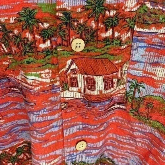 Island Republic L Beaches Huts Boats Palms Red Hawaiian Aloha Shirt Vintage - Picture 2 of 5